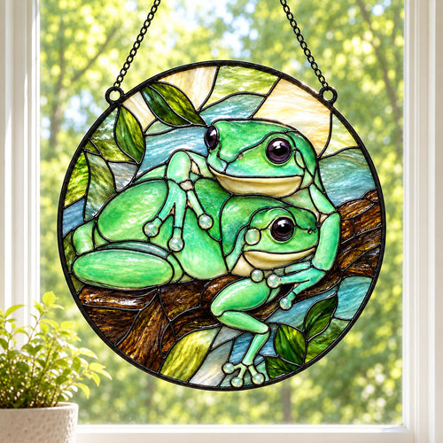 Tree Frog Couple on a Branch Stained Glass Suncatcher
