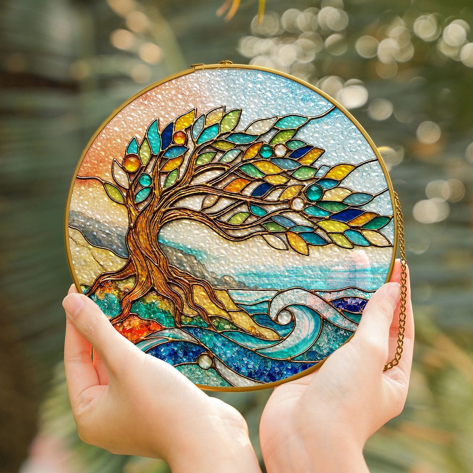 Tree of life stained glass suncatcher with gold frame