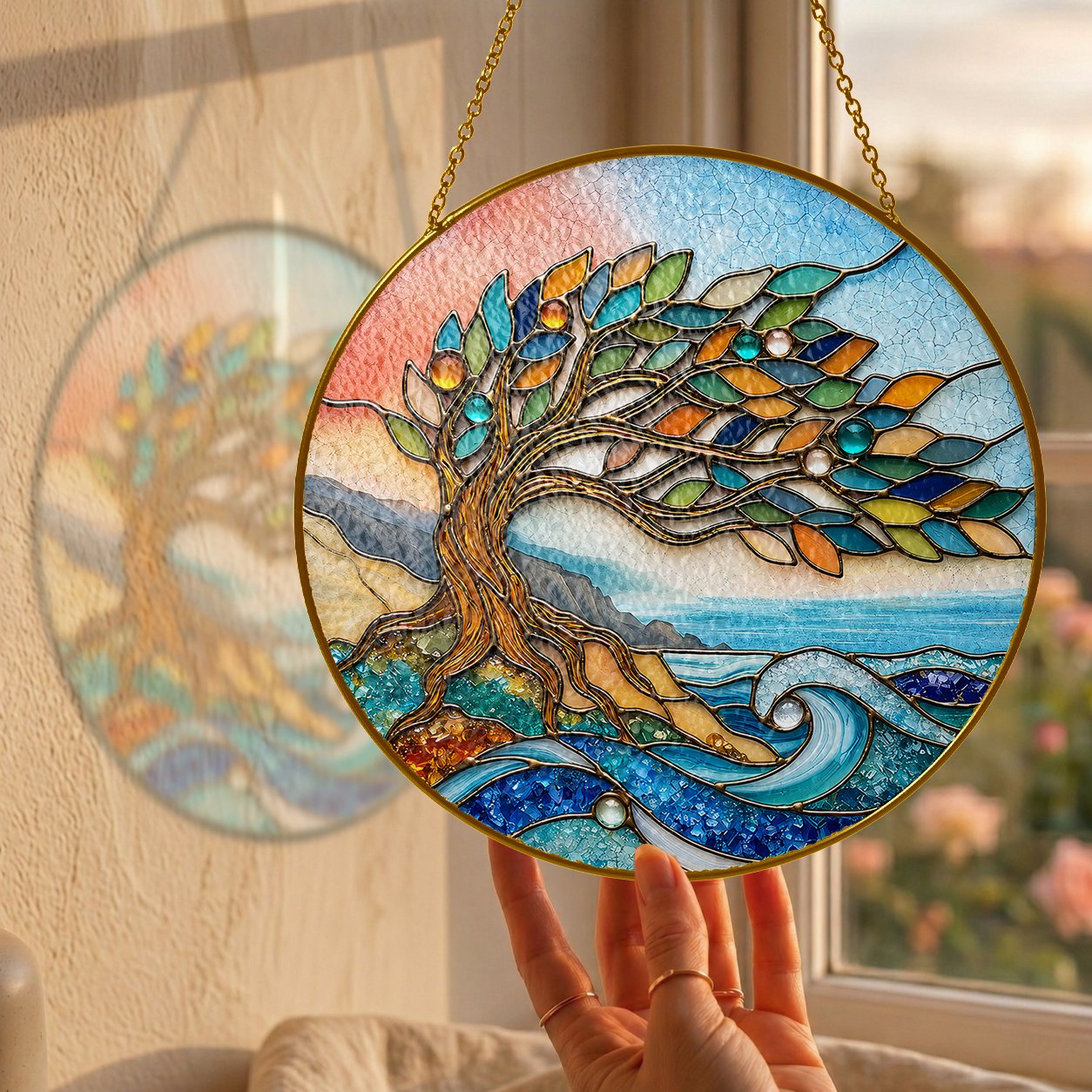 Tree of life stained glass suncatcher view