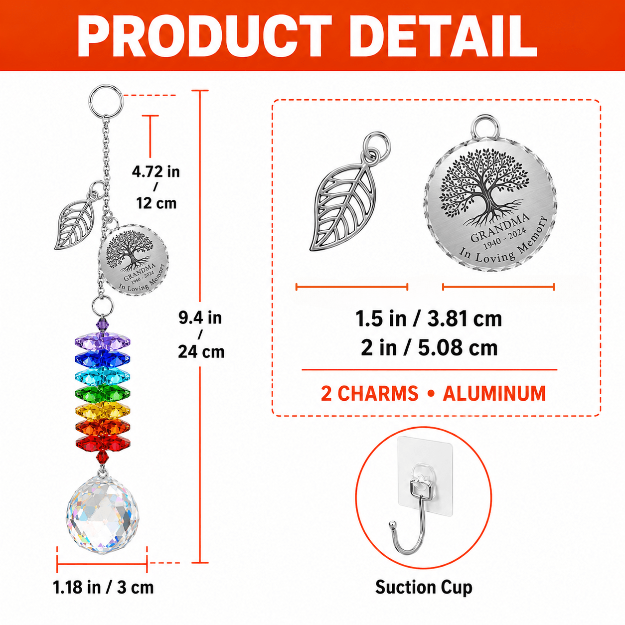 Product detail image of personalized Tree of Life memorial crystal suncatcher showing charm size, full hanging length, crystal ball size, acrylic charms, and suction cup hook