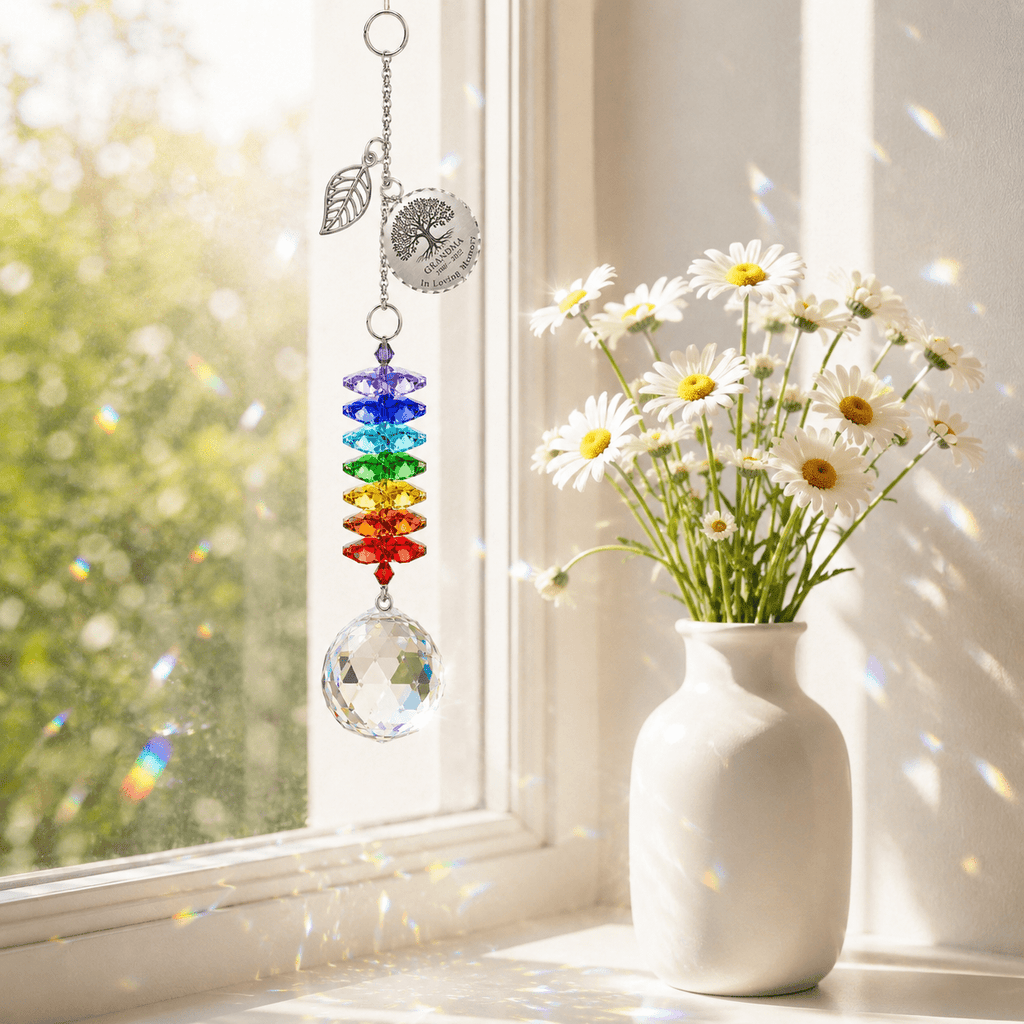 Personalized Tree of Life memorial crystal suncatcher hanging by a sunny window beside white daisies with rainbow reflections
