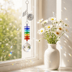 Personalized Tree of Life memorial crystal suncatcher hanging by a sunny window beside white daisies with rainbow reflections