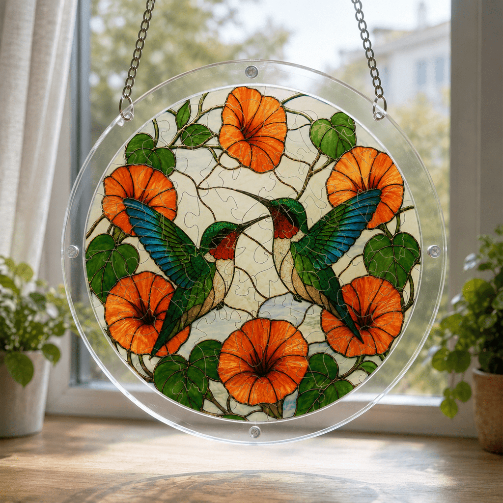 Two hummingbirds orange flower acrylic puzzle suncatcher hanging by a bright window with clear frame and metal chain