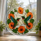Two hummingbirds orange flower acrylic puzzle suncatcher hanging by a bright window with clear frame and metal chain