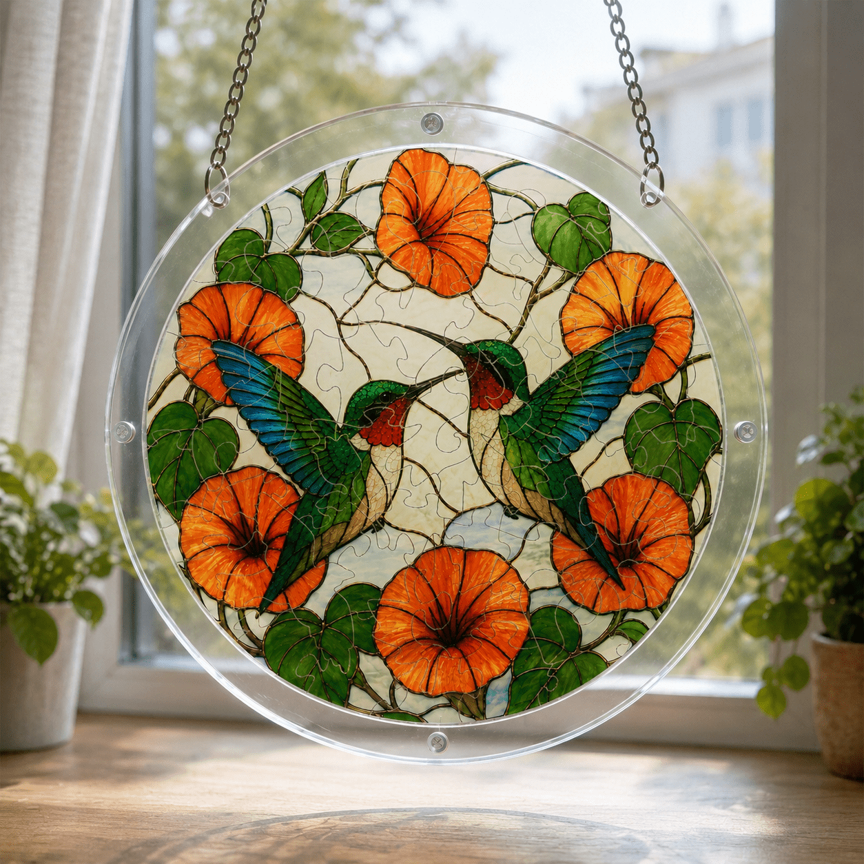 Two hummingbirds orange flower acrylic puzzle suncatcher hanging by a bright window with clear frame and metal chain