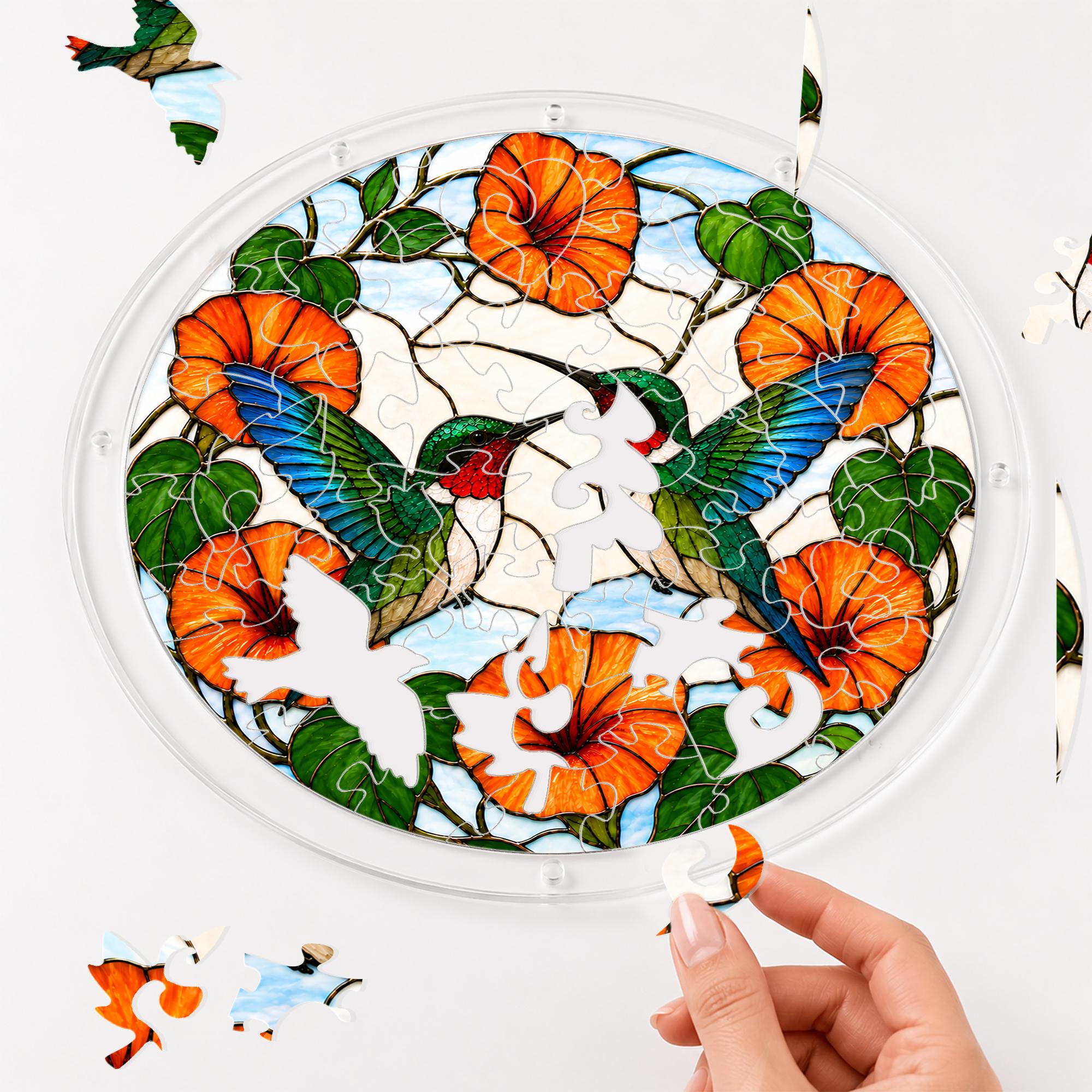 Hand assembling a two hummingbirds orange flower acrylic puzzle suncatcher with colorful puzzle pieces