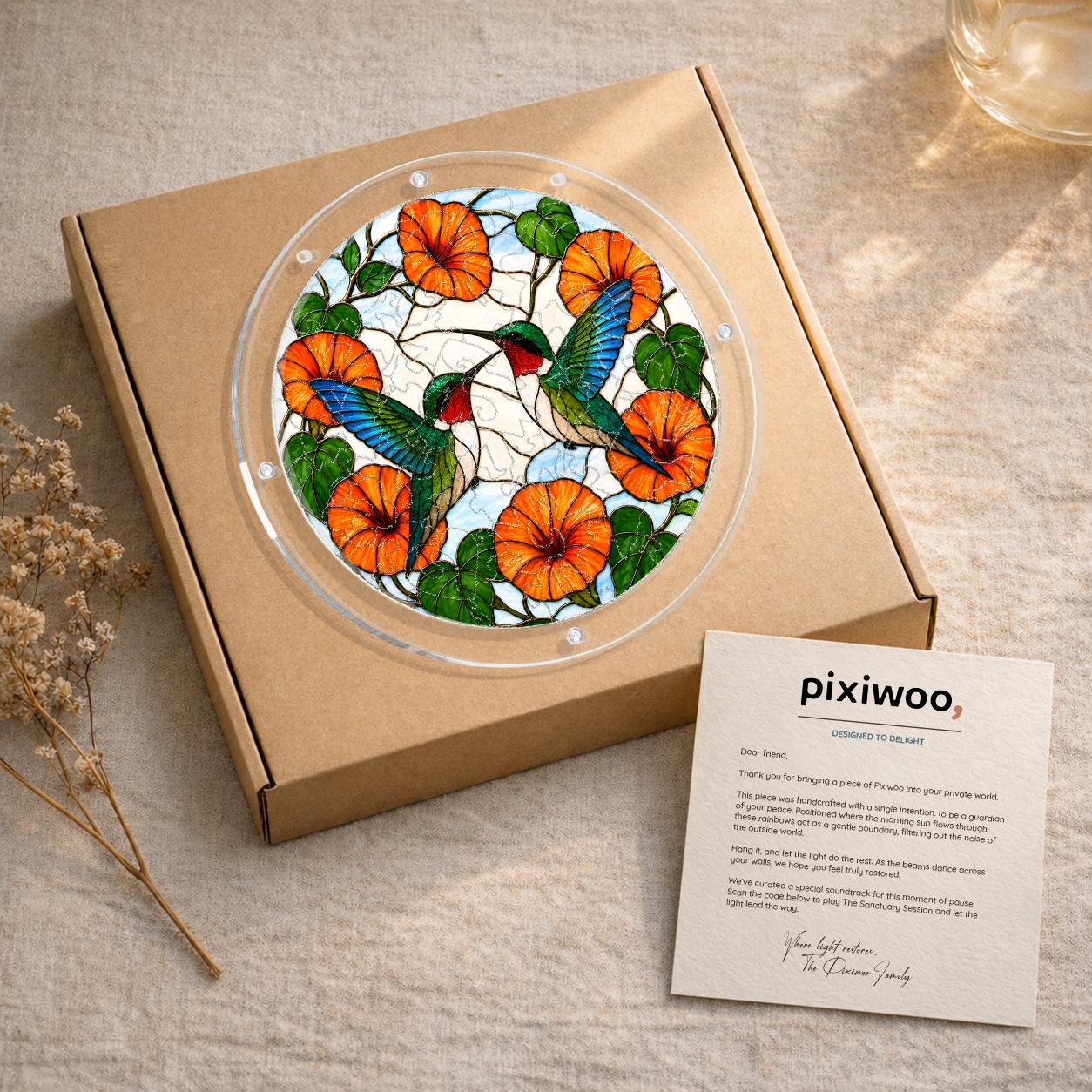 Gift-ready packaging for two hummingbirds orange flower acrylic puzzle suncatcher with kraft box and Pixiwoo card