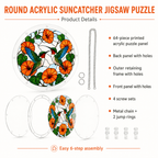 Kit details for round acrylic two hummingbirds orange flower puzzle suncatcher showing printed puzzle panel, frame, panels, chain, jump rings, and screw sets