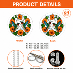 Product details for two hummingbirds orange flower acrylic puzzle suncatcher showing sizes, 64 pieces, metal chain, jump rings, and screw sets