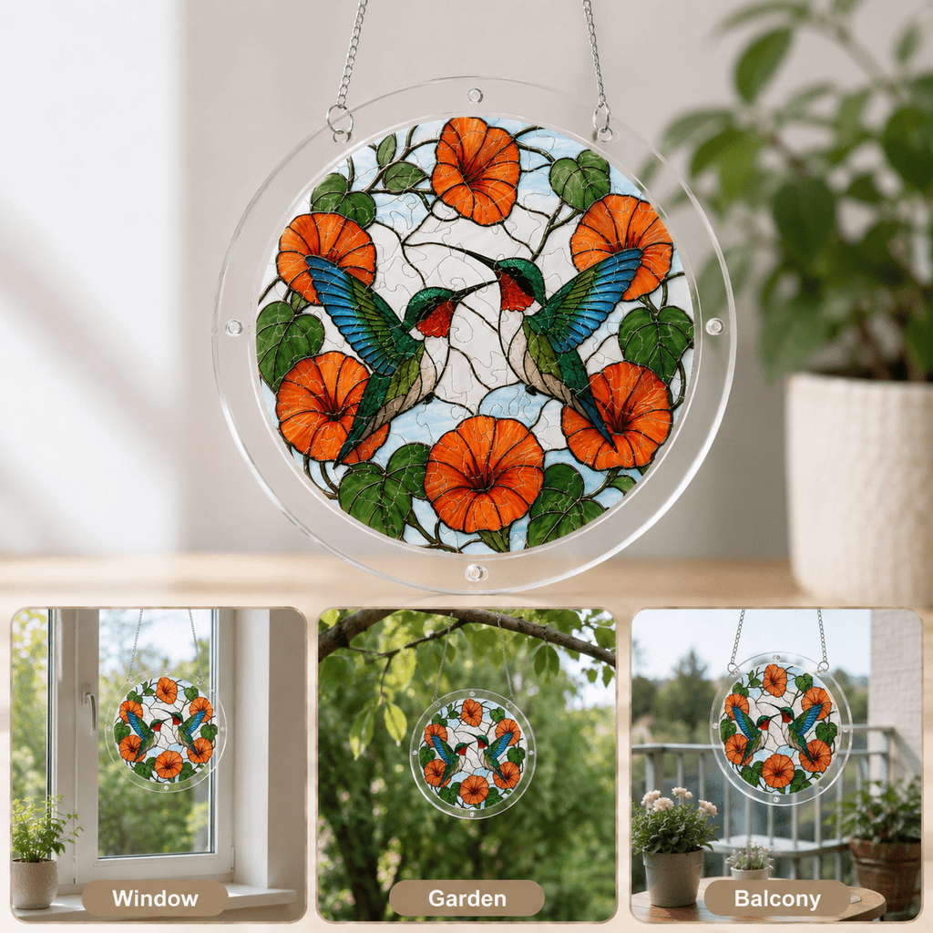 Two hummingbirds orange flower acrylic puzzle suncatcher displayed as window, garden, and balcony decor