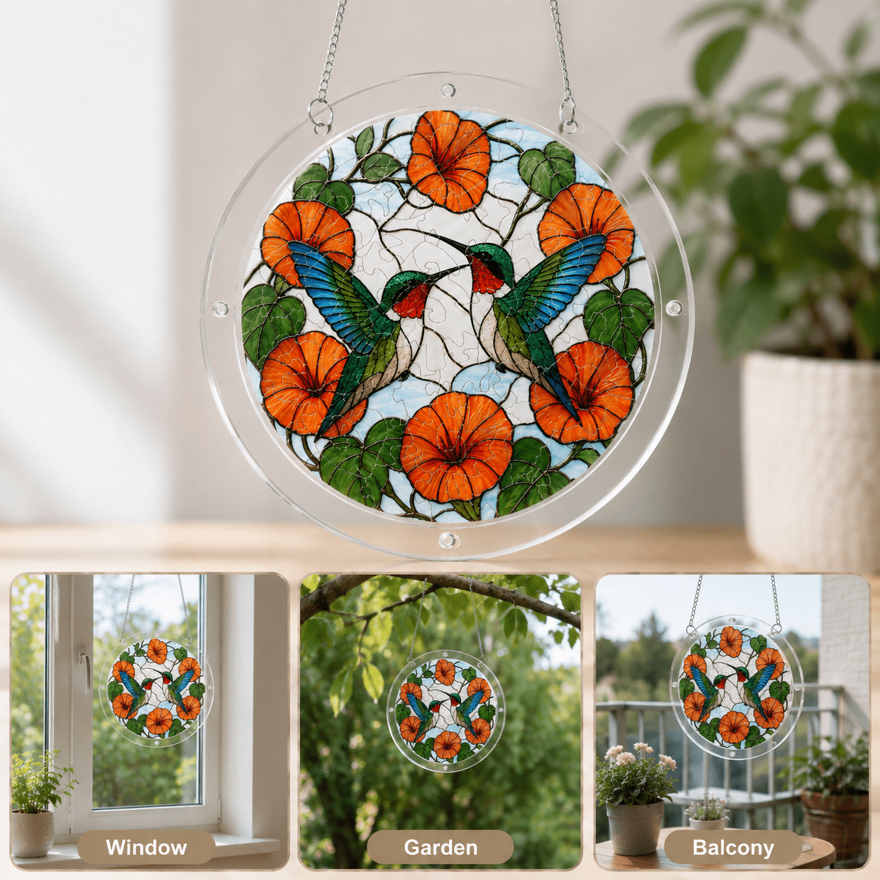 Two hummingbirds orange flower acrylic puzzle suncatcher displayed as window, garden, and balcony decor