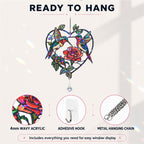 Ready to hang details for two hummingbirds rose heart acrylic suncatcher with 4mm wavy acrylic, adhesive hook, and metal hanging chain.
