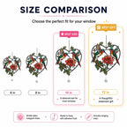 Size comparison chart for two hummingbirds rose heart holographic acrylic suncatcher in 6, 8, 10, and 12 inch sizes.
