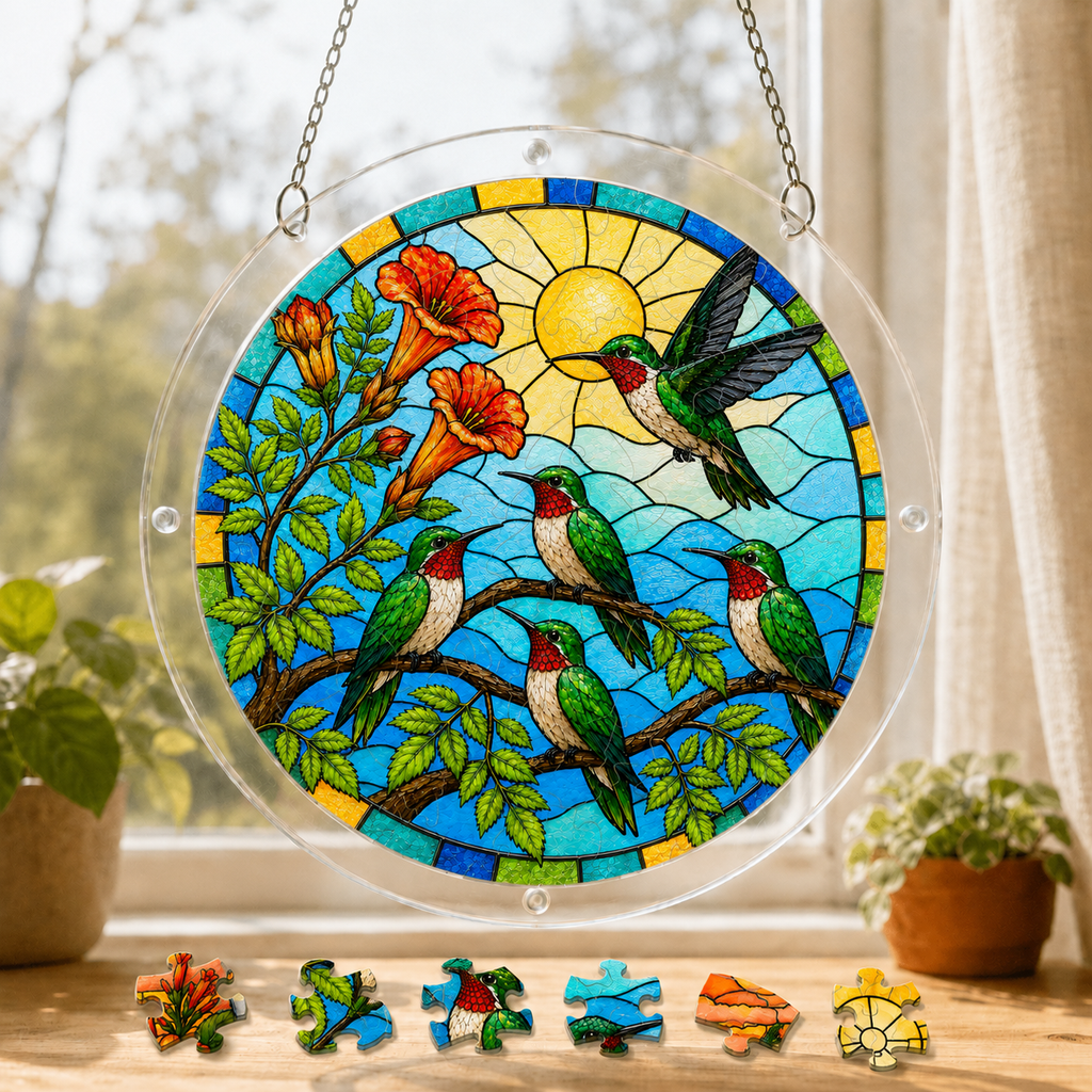 Hummingbird Sunrise Garden acrylic puzzle suncatcher hanging in a sunny window with colorful puzzle pieces below.