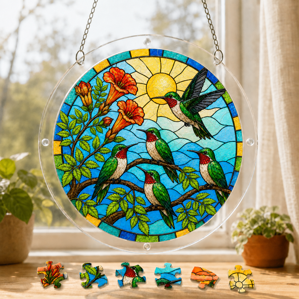 Hummingbird Sunrise Garden acrylic puzzle suncatcher hanging in a sunny window with colorful puzzle pieces below.