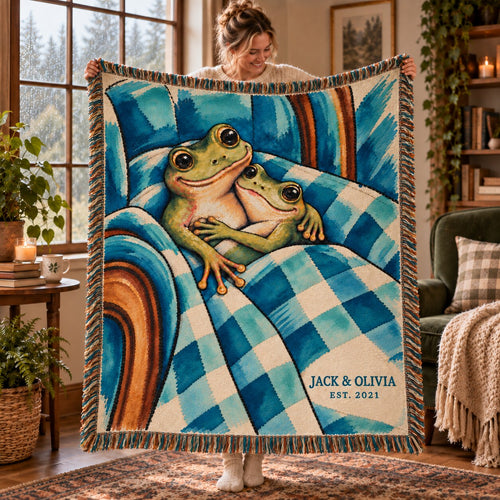 Personalized Under One Blanket Frog Couple Woven Blanket