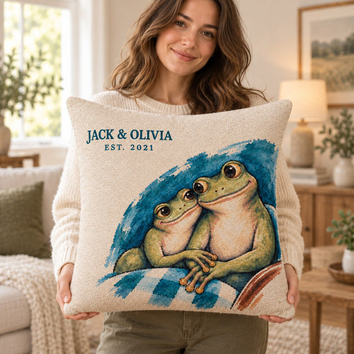 Personalized Under One Blanket Frog Couple Woven Throw Pillow