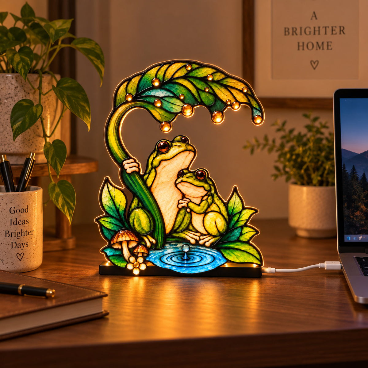 Until We Croak Frog Couple Leaf Umbrella Acrylic Night Light