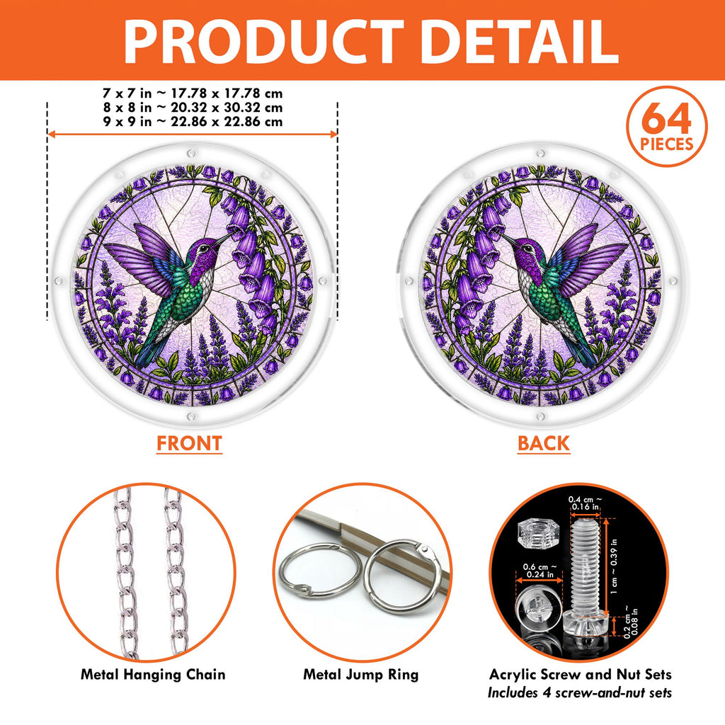 Product detail image showing the layered acrylic structure and assembly view of the Amethyst Bellflower Hummingbird puzzle suncatcher.