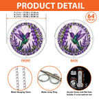Product detail image showing the layered acrylic structure and assembly view of the Amethyst Bellflower Hummingbird puzzle suncatcher.