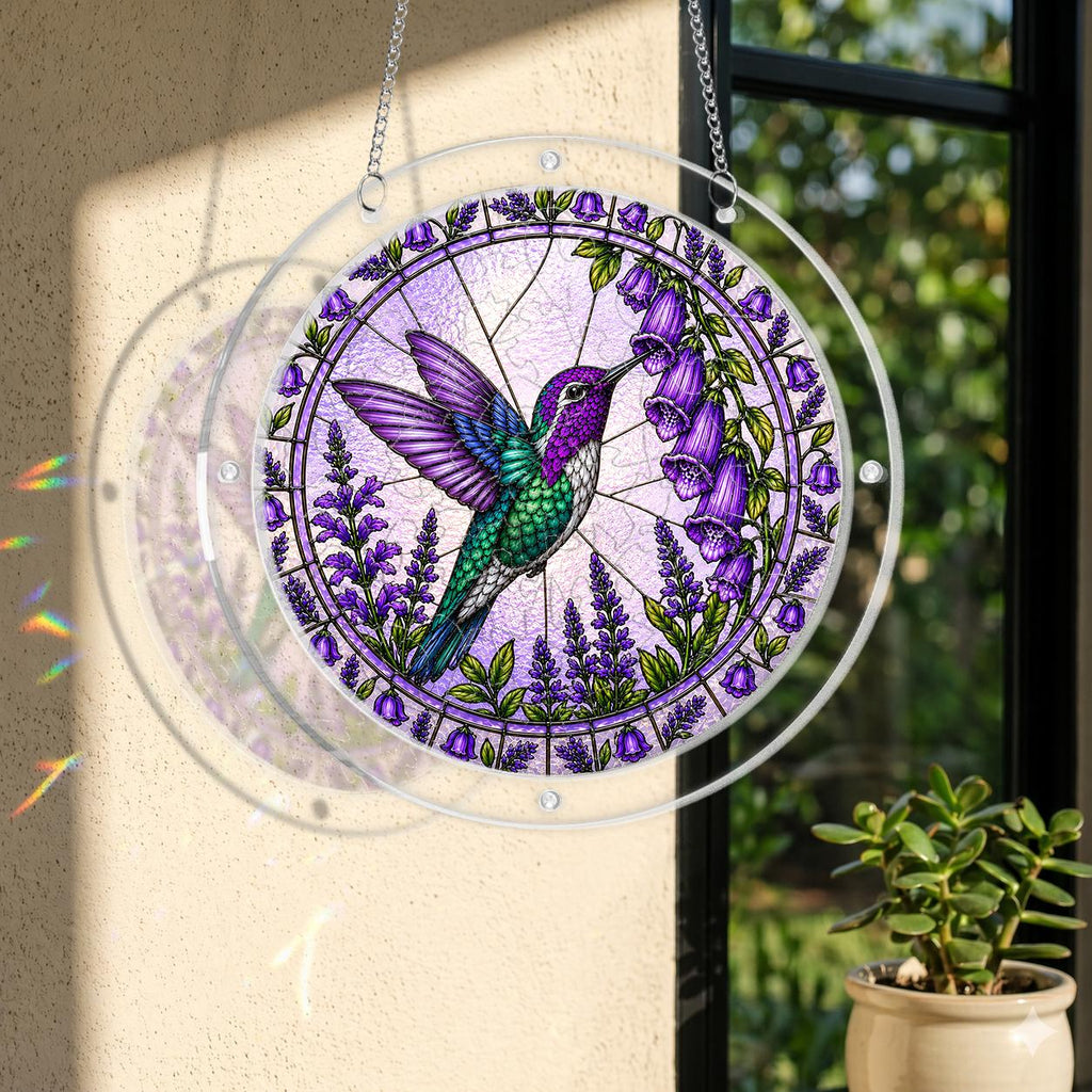 Round acrylic hummingbird puzzle suncatcher hanging on a window with purple bellflowers and lavender blooms.