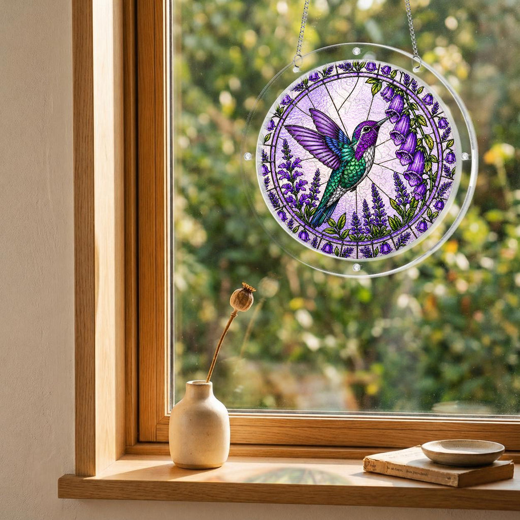 Round Amethyst Bellflower Hummingbird acrylic puzzle suncatcher hanging in a cozy wooden window corner with soft natural light.