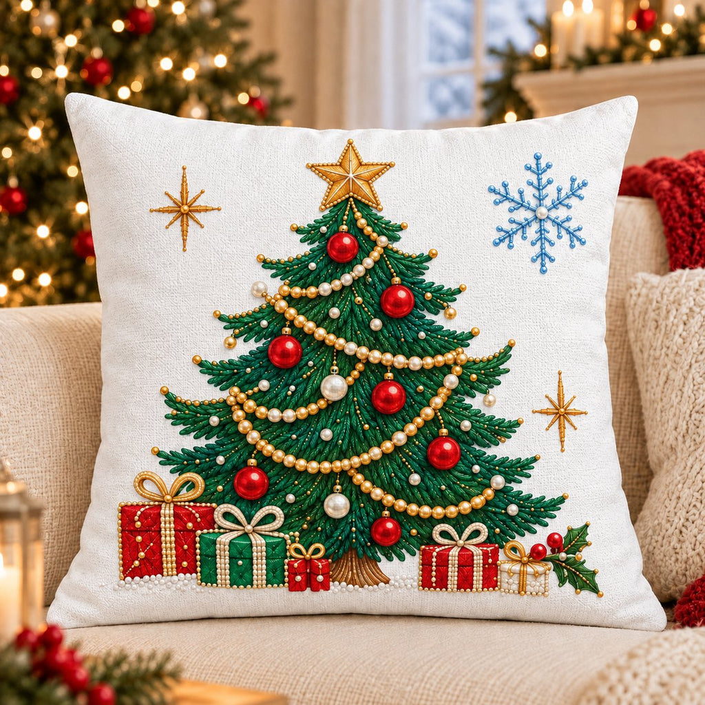 Embroidered Christmas pillow cover with an emerald Christmas tree, pearl garlands and presents stitched on white canvas, on a sofa