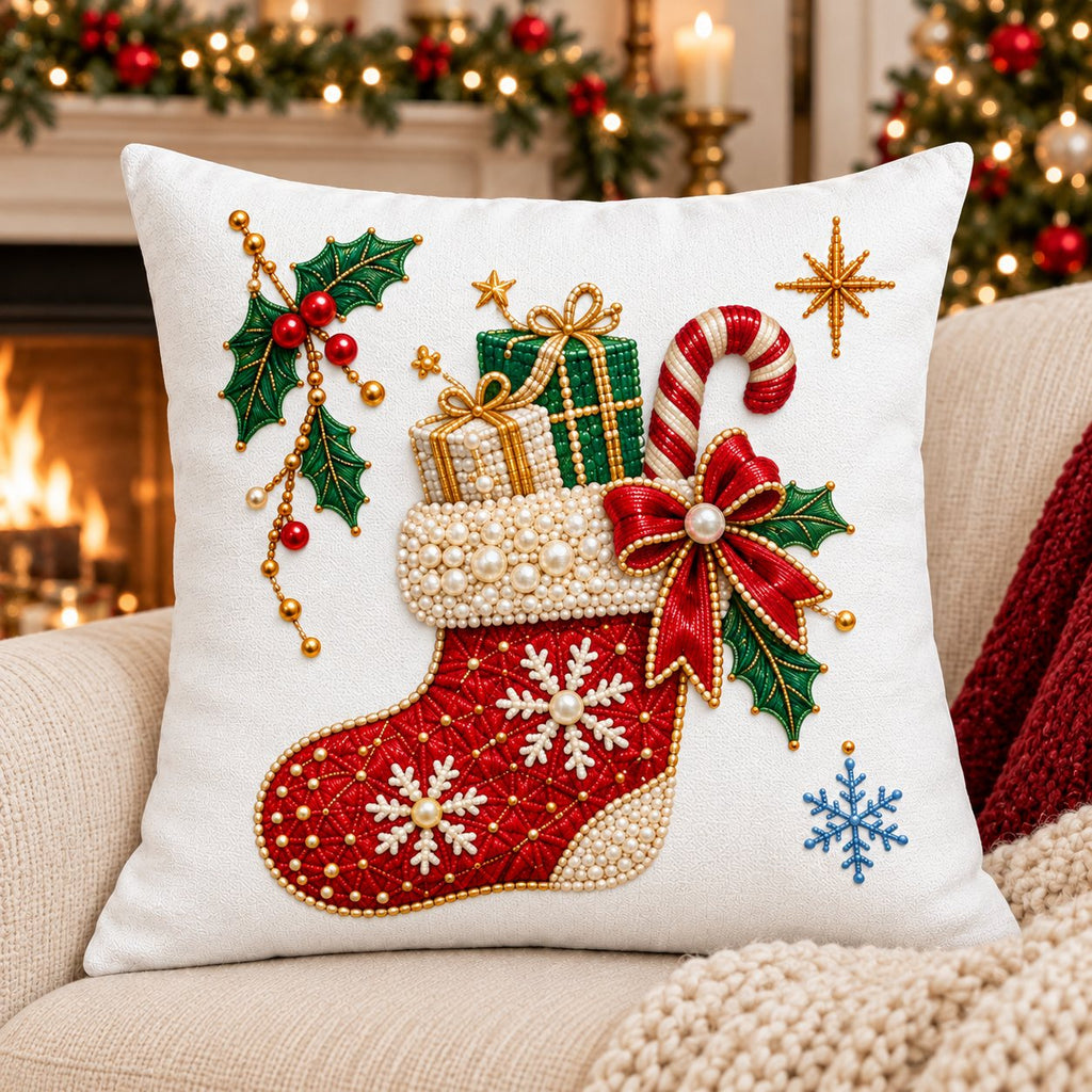 White Heirloom Christmas — Embroidered Christmas Pillow Cover, Emerald Tree, Ruby Gift, Stocking, Pearl Snowman, Gingerbread, Jewel Reindeer, Santa, Vintage Car or Snowflake, 14 to 20 in, Single or Set of 4