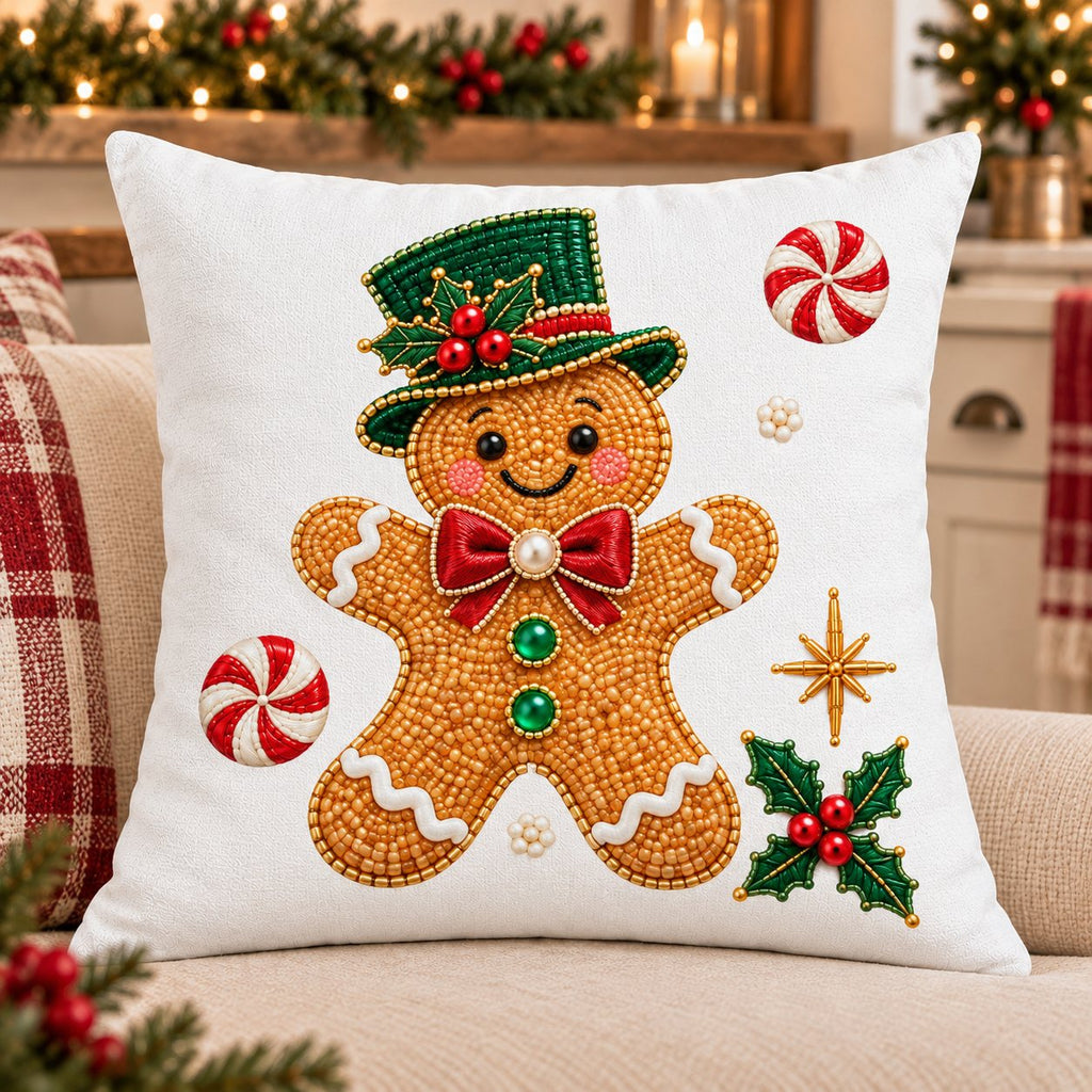 White Heirloom Christmas — Embroidered Christmas Pillow Cover, Emerald Tree, Ruby Gift, Stocking, Pearl Snowman, Gingerbread, Jewel Reindeer, Santa, Vintage Car or Snowflake, 14 to 20 in, Single or Set of 4