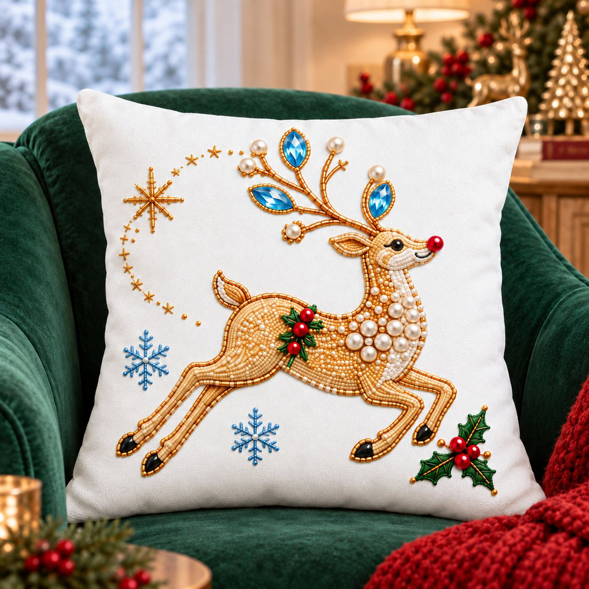 Embroidered Christmas pillow cover with a leaping gold reindeer and blue snowflakes stitched on white canvas, on a green velvet chair