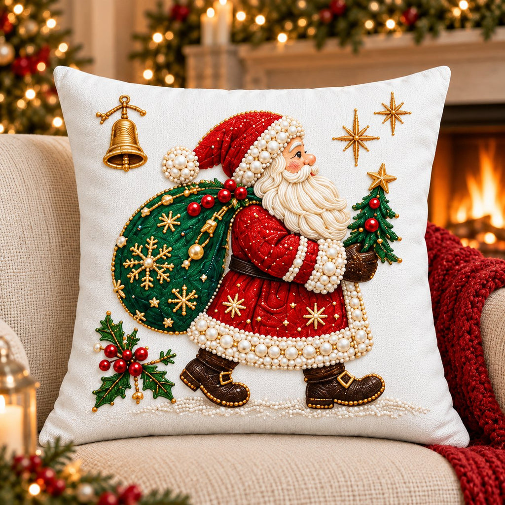Embroidered Christmas pillow cover with Santa carrying an emerald sack stitched on white canvas