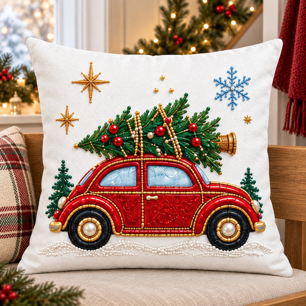 White Heirloom Christmas — Embroidered Christmas Pillow Cover, Emerald Tree, Ruby Gift, Stocking, Pearl Snowman, Gingerbread, Jewel Reindeer, Santa, Vintage Car or Snowflake, 14 to 20 in, Single or Set of 4