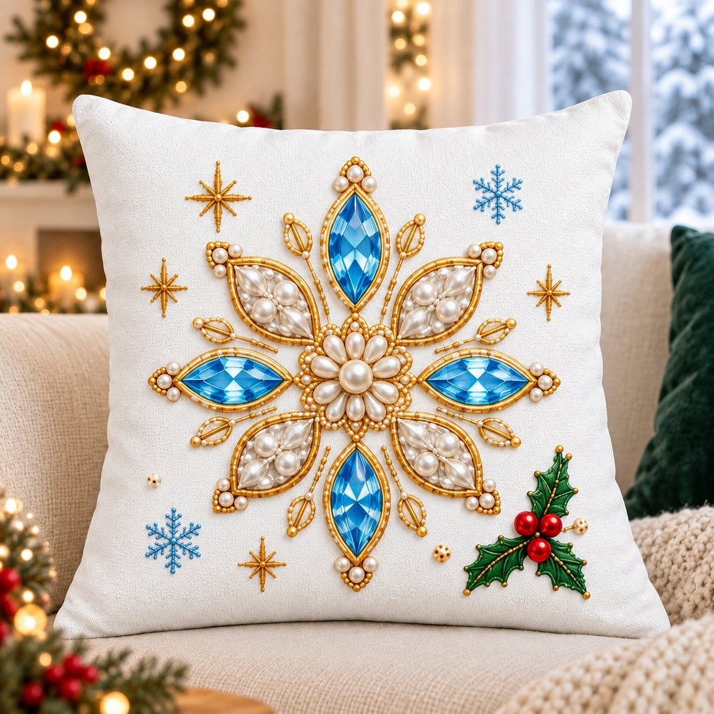 White Heirloom Christmas — Embroidered Christmas Pillow Cover, Emerald Tree, Ruby Gift, Stocking, Pearl Snowman, Gingerbread, Jewel Reindeer, Santa, Vintage Car or Snowflake, 14 to 20 in, Single or Set of 4