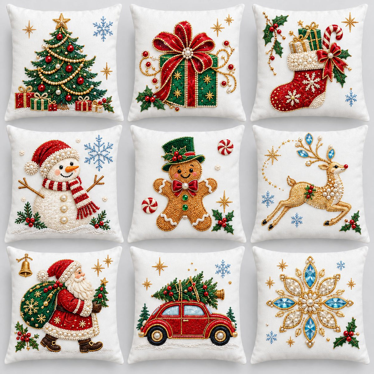 All nine White Heirloom Christmas embroidered pillow cover designs: tree, gift, stocking, snowman, gingerbread, reindeer, Santa, vintage car and snowflake