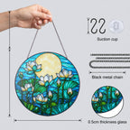 White lotus suncatcher details: black metal chain, suction cup, and 0.5 cm thick glass