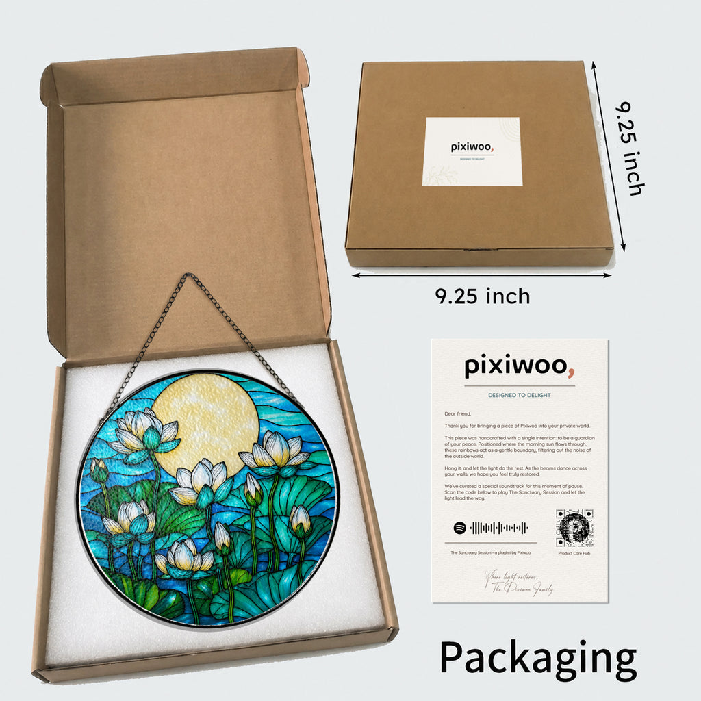 White lotus suncatcher in Pixiwoo gift box with protective foam