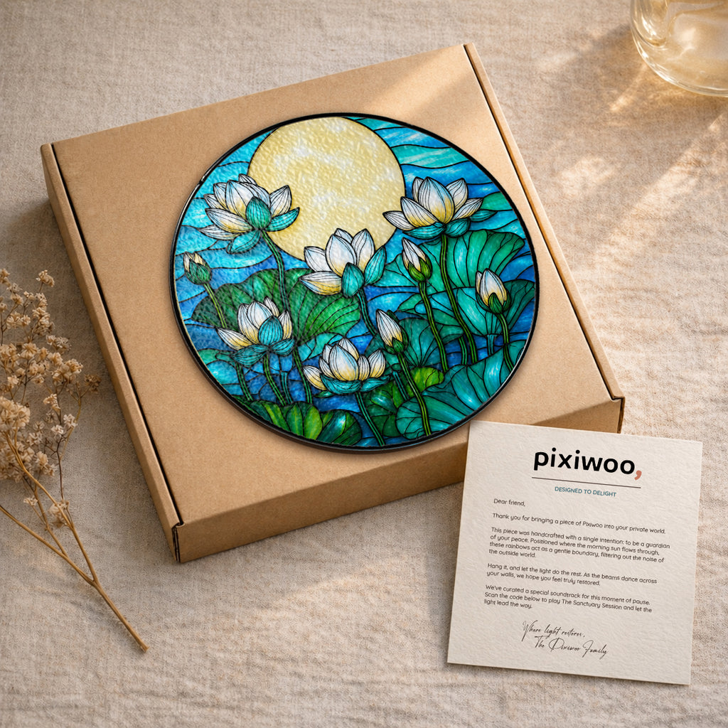 White lotus stained glass suncatcher on Pixiwoo gift packaging with a thank-you card