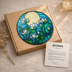 White lotus stained glass suncatcher on Pixiwoo gift packaging with a thank-you card