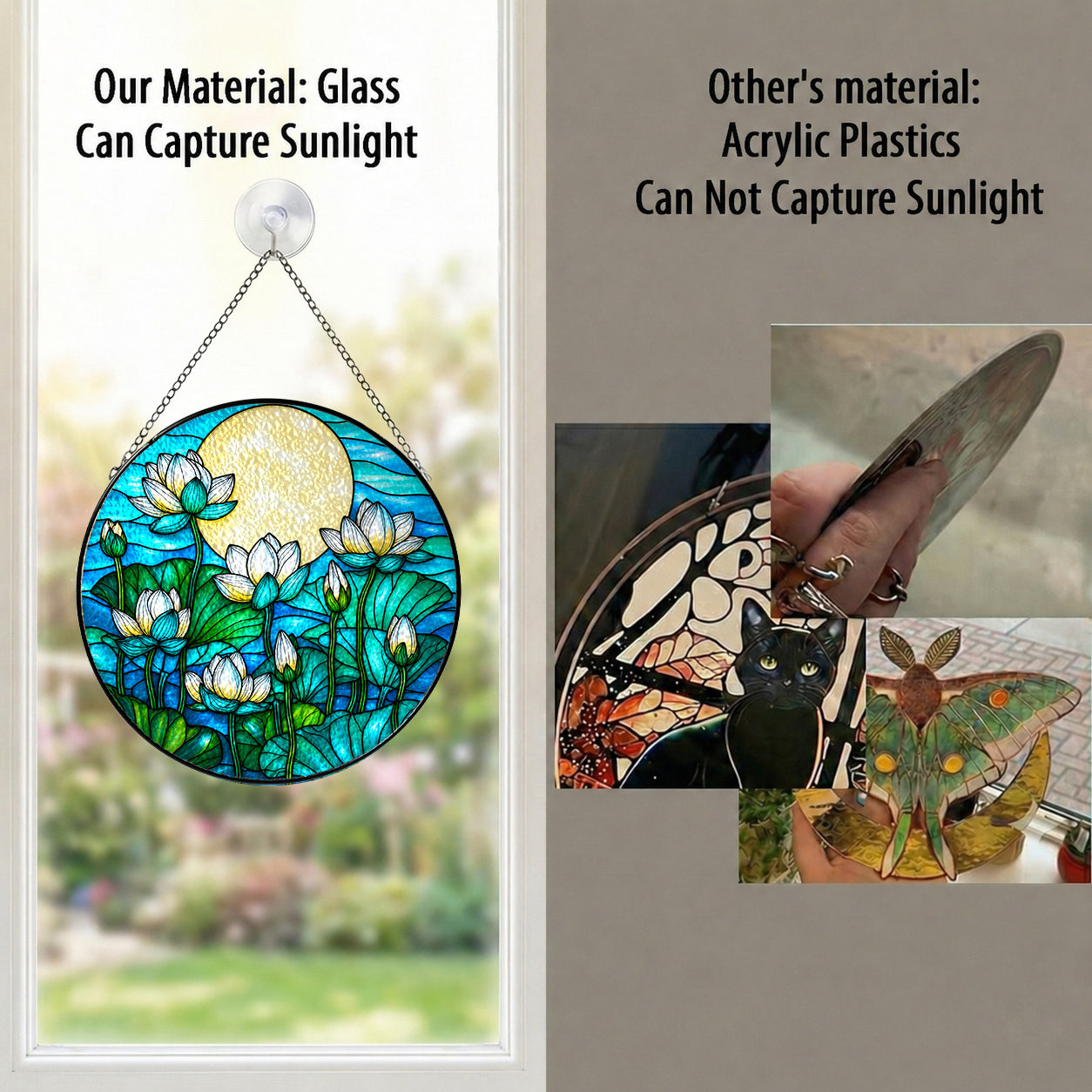 Real glass white lotus suncatcher compared with acrylic, glass captures sunlight