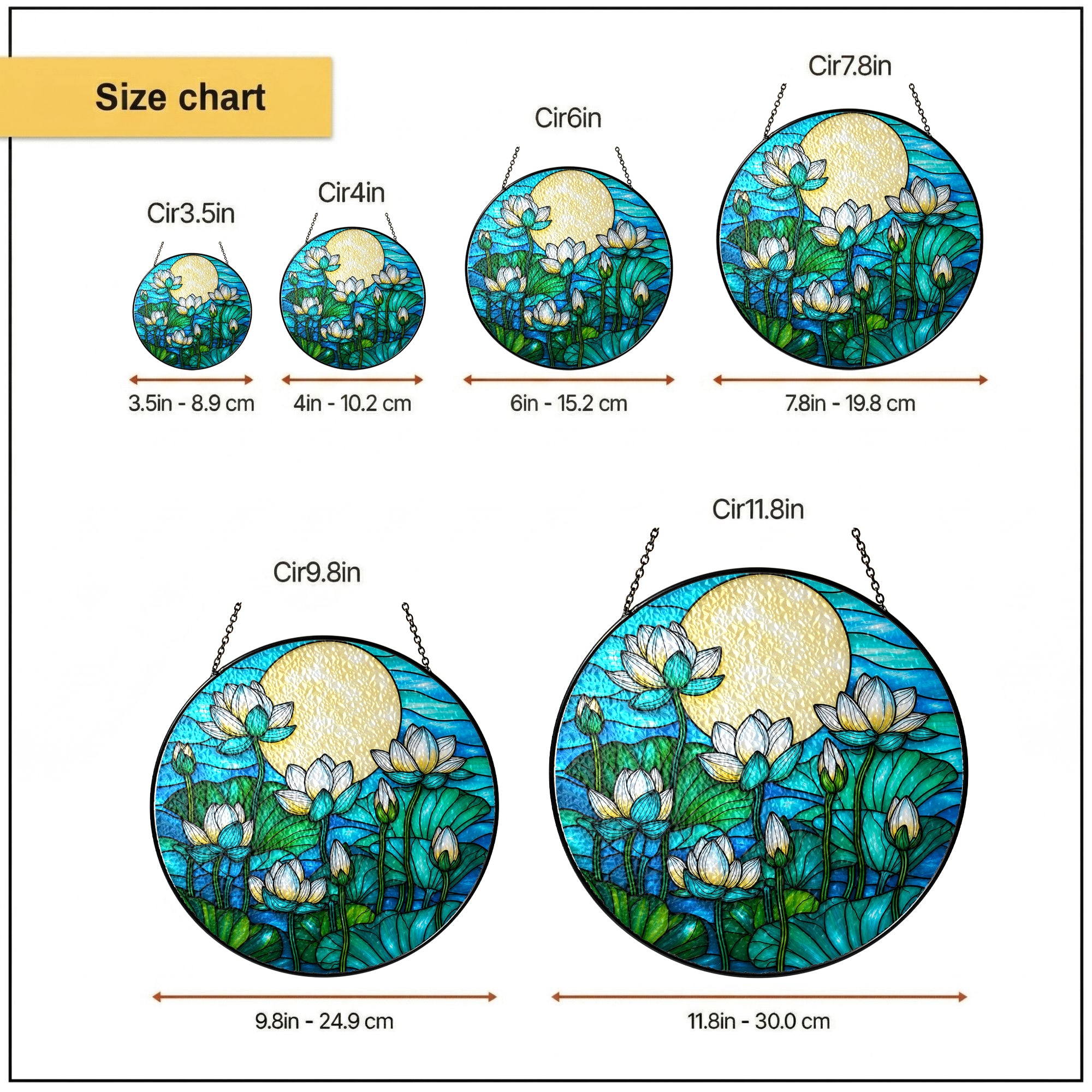 White lotus suncatcher size chart with 3.5, 4, 6, 7.8, 9.8, and 11.8 inch options