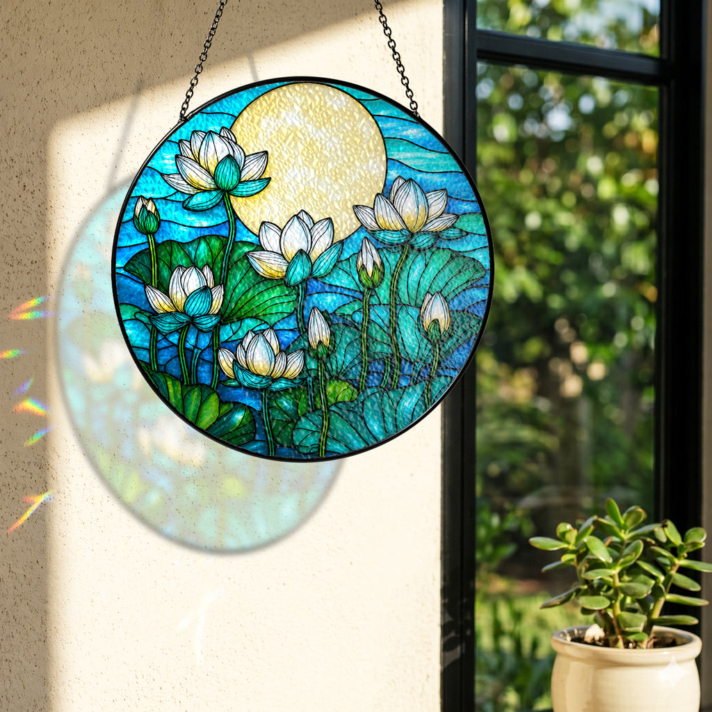 White lotus suncatcher near a window with colorful light reflection on the wall