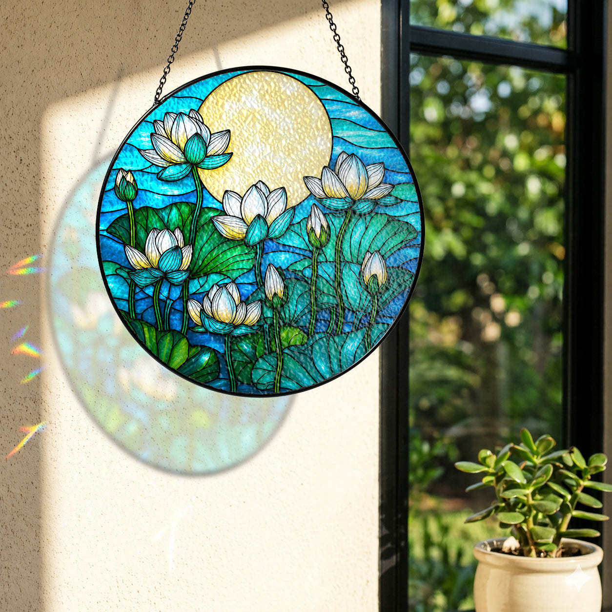 White lotus suncatcher near a window with colorful light reflection on the wall