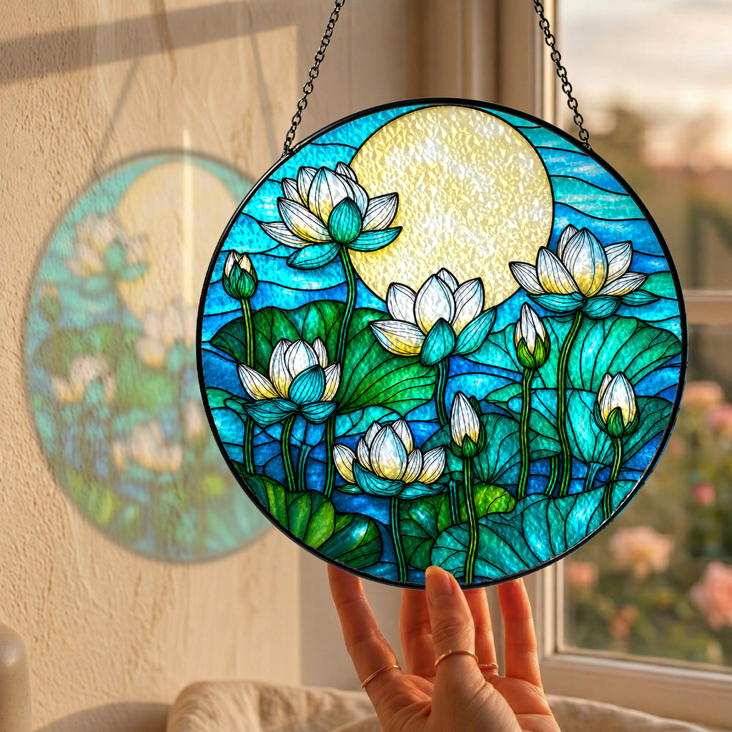 White lotus stained glass suncatcher hanging in a sunny window with a garden view