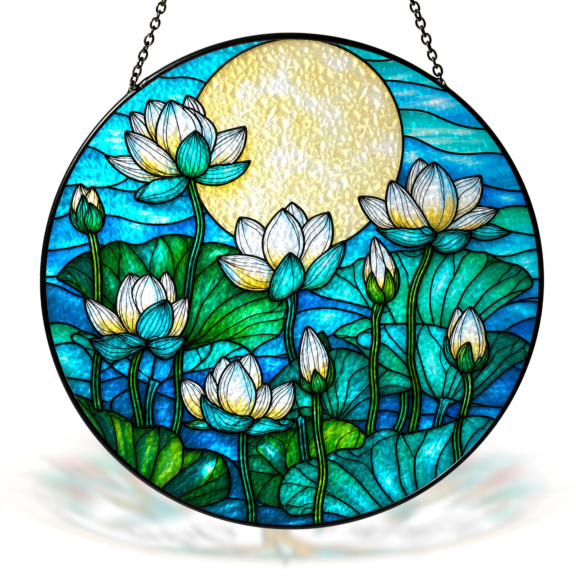 White lotus stained glass suncatcher with full moon and black frame on a white background