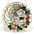 White rose stained glass suncatcher in a window