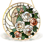 White rose stained glass suncatcher in a window