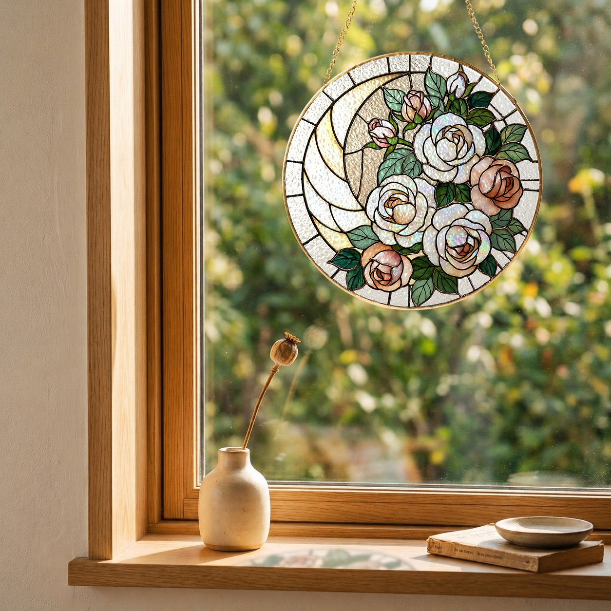 White rose stained glass suncatcher