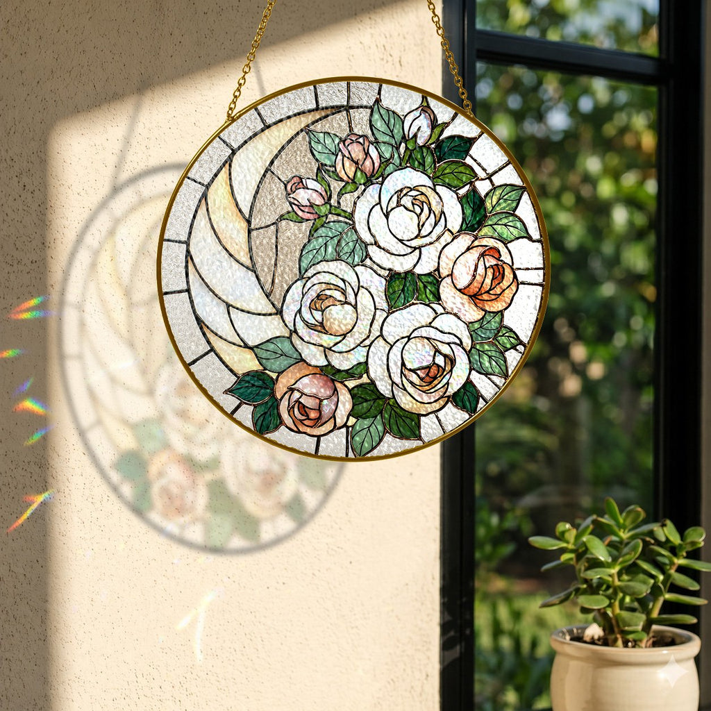 White rose stained glass suncatcher