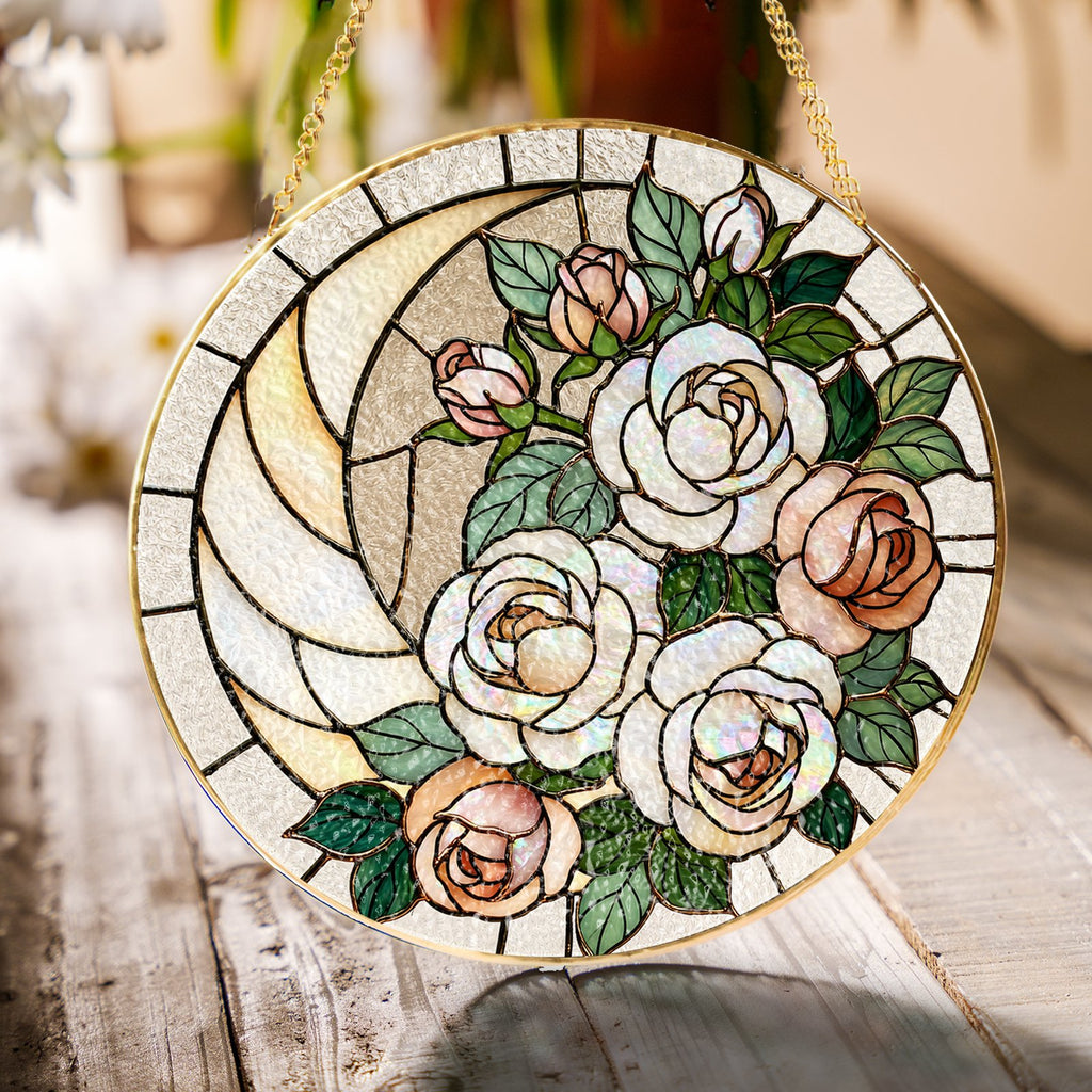 White rose stained glass suncatcher
