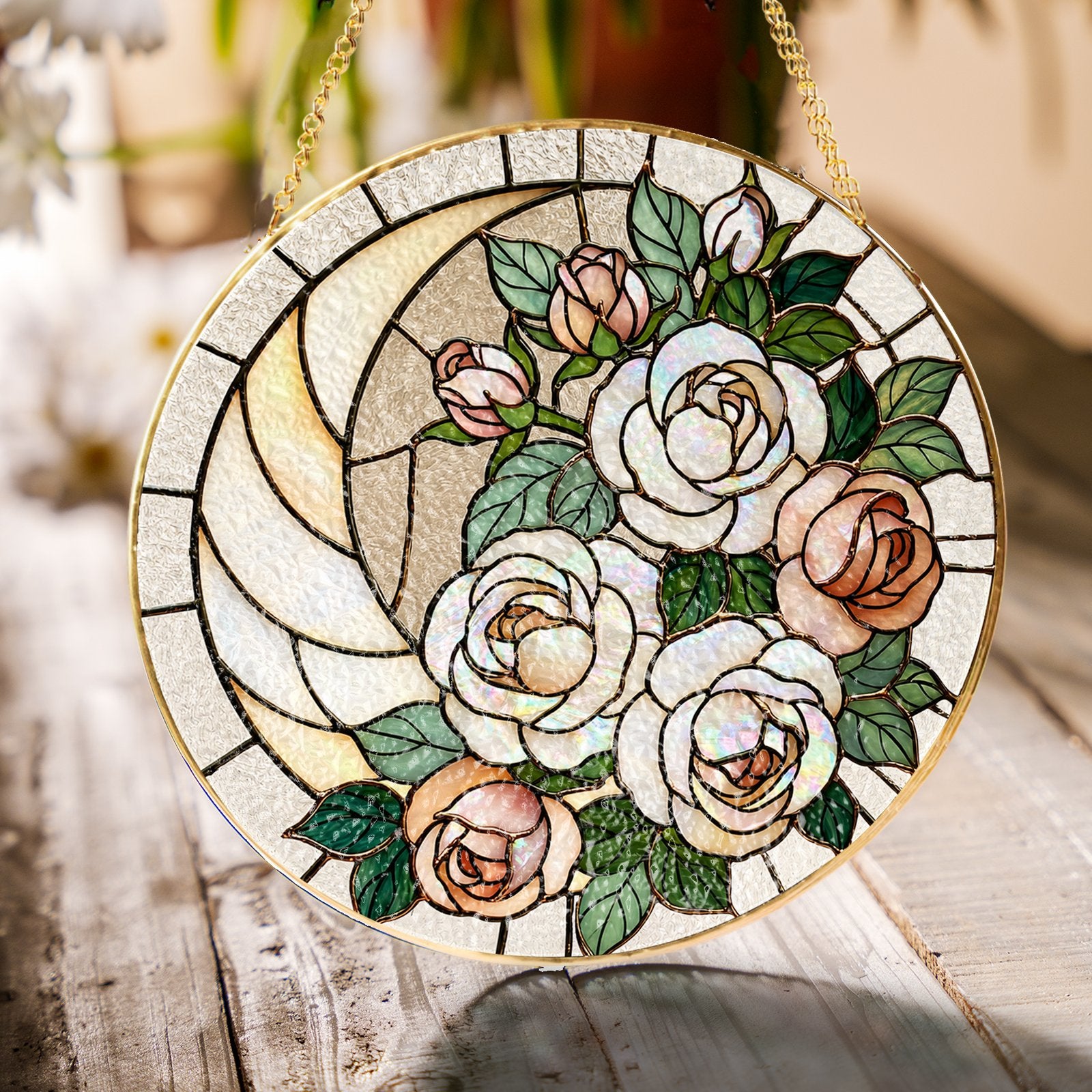 White rose stained glass suncatcher